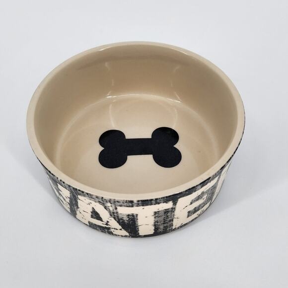 Stoneware Dog Water Dish – Black & Cream with Bone Design - Picture 1 of 5